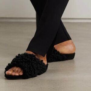 ATP ATELIER Doris Shearling Suede Slides - Black - Size 38
